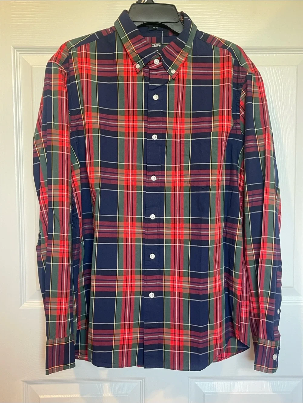 J. Crew Men's Button-Down Plaid Shirt - Navy, Red & Green Slim Fit Size Large